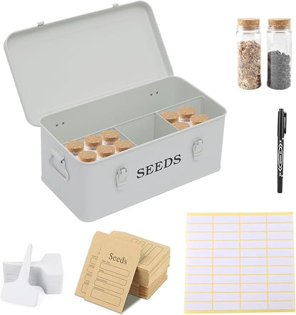 Seed Storage Organizer, 4 Compartment Seed Storage Box with Safety Lock, Metal Seed Box Seed Packet Container with 1 Pen, 12 Slots, 20 Plant Labels & 30 Seed Envelopes, White Gardening Gift
