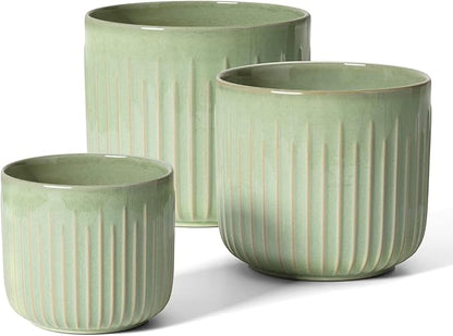 LE TAUCI Fluted Ceramic Pots for Plants, 8.3/7/6 Inch Indoor Planters with Drainage Holes & Mesh, Modern Glossy Glaze Cylinder Plant Pot for Snake Plant, Set of 3, Sage Green