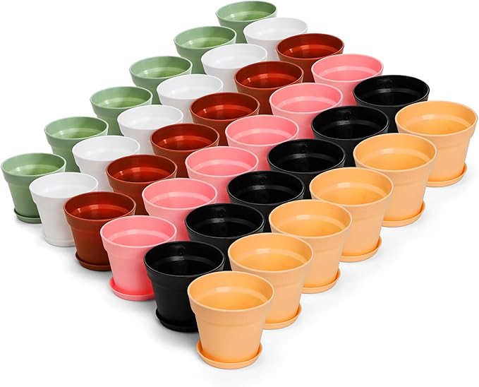 Frcctre 30 Pack 4 Inch Plastic Planter Pots, Small Flower Pots Seedlings Nursery Pots with Drainage Hole and Saucers for Indoor Outdoor Plants Flowers Herbs Succulents, 6 Colors