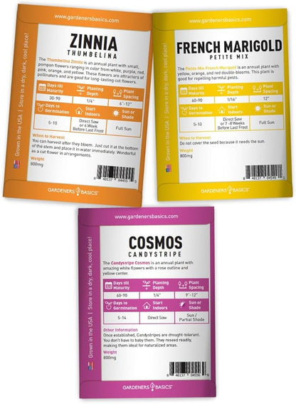 Gardeners Basics, Flower Garden Seeds for Planting Outdoors Flower Seeds (5 Variety Pack) Daisy, Marigold, Cosmos, Sunflower, Zinnia Varieties for Bees, Pollinators Wildflower Seed