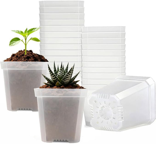 Clear Nursery Pots with Drainage, Square Plastic Plant Pots, 3 Inch Clear Seed Starter Flower Pots, 30 Pcs Small Pots for Seedling