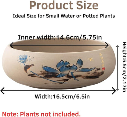 Ceramic Lotus Bowl Planter, Lotus Pots for Water Plants Indoor, Large Caliber Flow Glaze Non-Porous Hydroponic Container, Succulent Pots, Blue Lotus Leaf(6.5in*2.17in)