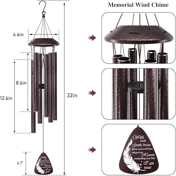Memorial Wind Chimes for Loss of Loved One – Sympathy Wind Chime with Saying “with Each Gentle Breeze” – Remembrance Bereavement Gift for Garden, Patio, or Outdoor Decor