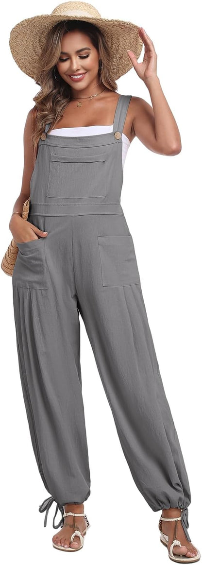 ALSOGO Womens Wide Leg Overalls Loose Beach Vacation Outfits Jumpsuits 2025 Causal Sleeveless Rompers with Pockets
