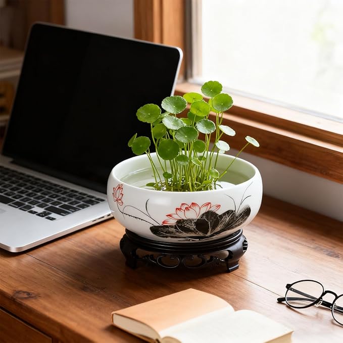 Veemoon Ceramic Lotus Planter Round Chinese Hydroponic Flower Pot Classic Water Lily Pot with Stand - Ink Style Lotus Pattern - Vintage Planter Container for Table Centerpiece Indoor Outdoor (6.68" W)