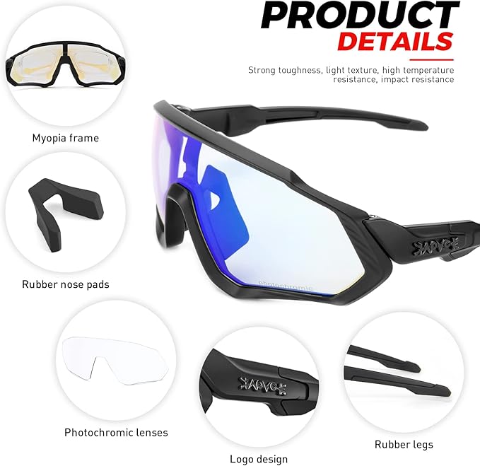 KAPVOE Photochromic Cycling Glasses Men Women Mountain Bike Sunglasses Clear MTB Bicycle Riding - K9408