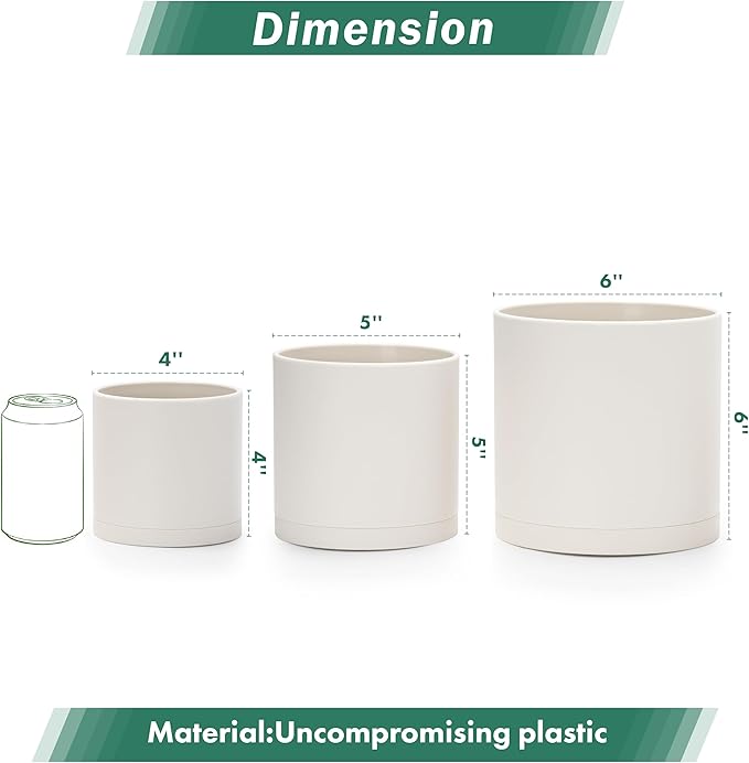 D'vine Dev 4 Inch 5 Inch 6 Inch, Set of 3 Plastic Planter Pots for Plants with Drainage Hole and Seamless Saucers, Oatmeal, Small, 74-V-H-1