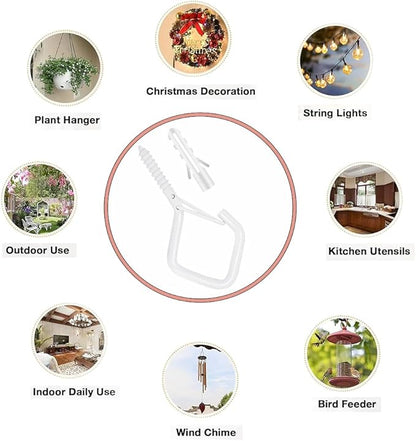 12-Pack Heavy-Duty White Screw Eye Hooks with Safety Clips | Metal Ceiling Hooks for Hanging Plants, Wind Chimes, Bird Feeders & Indoor/Outdoor Lights