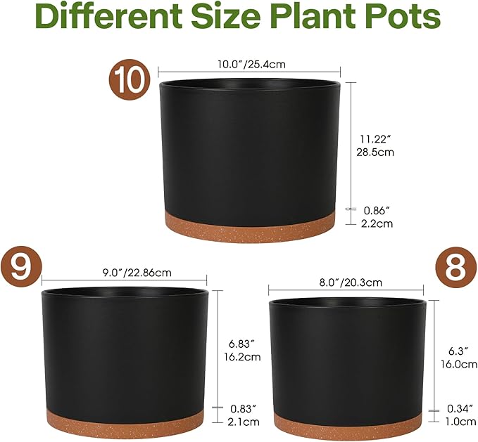 GARDIFE 10/9/8 Inch Modern Cylinder Planter, Plant Pots for Indoor Outdoor Plants, Flower Pots with Drainage Holes and Saucers for Garden Succulent Nursery House Plants (Black-Brown)