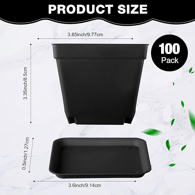 Amyhill 4 Inch Flower Pots Square Plants Nursery Pot Plastic Plant Seedling Pots Nursery Transplanting Planter Container with Saucer for Indoor Herbs Succulent Balcony Garden(Black,100 Pcs)