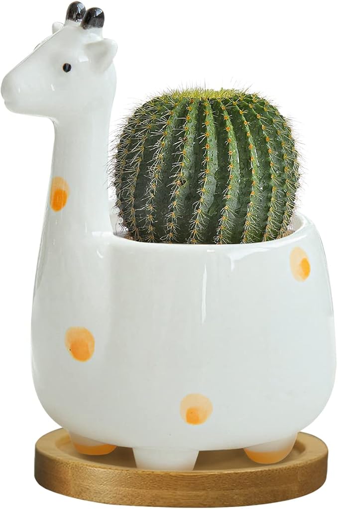 GeLive Giraffe Succulent Planter Indoor Tabletop Ceramic Plant Pot Kitty Ornament Animal Flower Decor Vase with Drainage Tray for Succulents or Mini Cactus