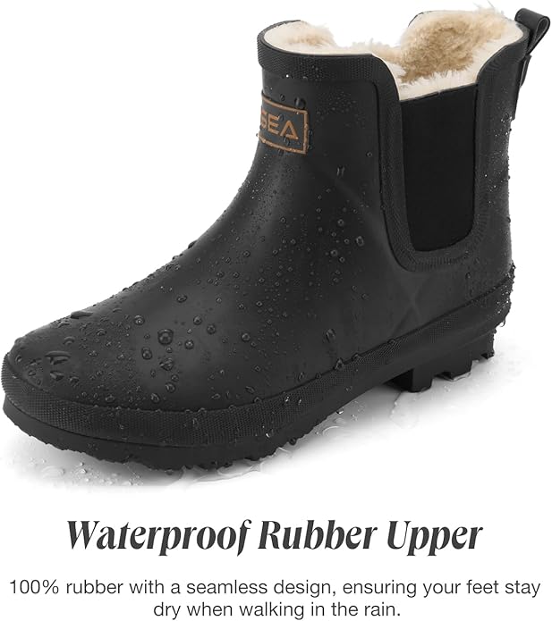 HISEA Women's Plush Rain Boots Waterproof, Chelsea Rubber Booties Women, Ladies Ankle Snow Boots for Winter Spring Garden Outdoor
