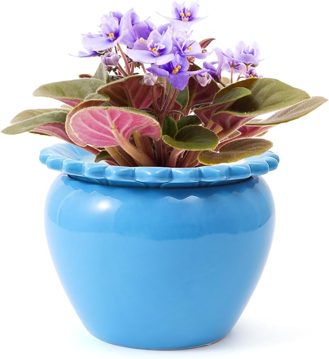 African Violet Pots 6.5 * 4.6 Inch Blue Ceramic Easy Plant Self Watering Pot Blue Ceramic Flowerpot with Water Absorbing Inner Pot Orchid Planter Lawn Yard Outside Decor