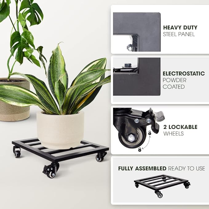 Idzo 14Inch Plant Caddy with Wheels Heavy Duty Capacity 385 Lbs, Metal Cast Iron Rolling Stray, Plant Stand with Wheels Lockable Repositioning Heavy Pots, Hauling Heavy Household Items - Black