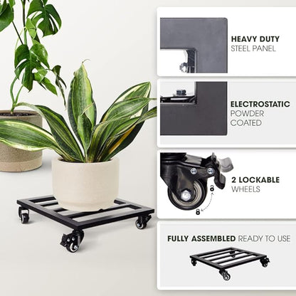 Idzo 14Inch Plant Caddy with Wheels Heavy Duty Capacity 385 Lbs, Metal Cast Iron Rolling Stray, Plant Stand with Wheels Lockable Repositioning Heavy Pots, Hauling Heavy Household Items - Black
