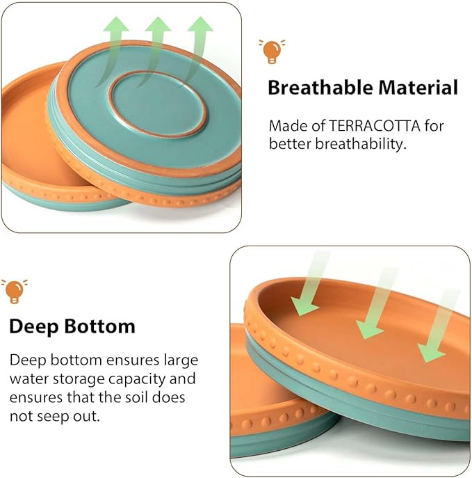 YBX 8-inch Plant Saucer Premium Terracotta Saucer Round Ceramic Plant Trays, Pack of 2 (Turquoise/Terracotta)
