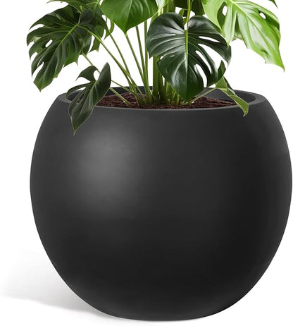 Large Round Planter with Drainage Hole, 13.7''H × 17.7''D Sphere Planter Indoor Plant Flower Pot for Outdoor Garden Patio Home, Black