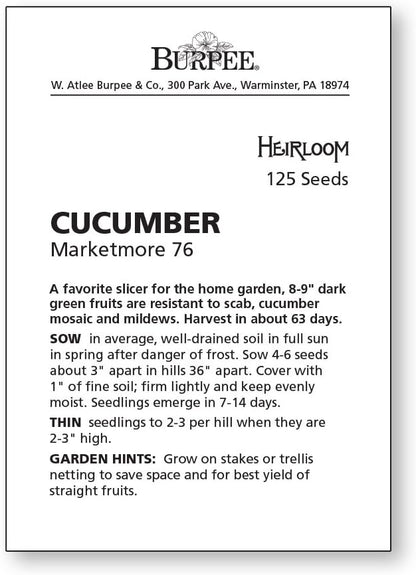 Burpee 'Marketmore 76' Slicing Cucumber Seeds, 125 Non-GMO seeds, Heirloom