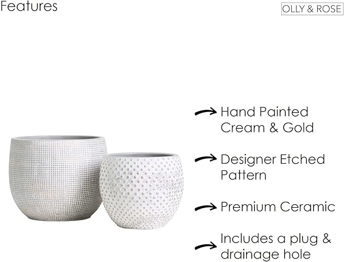 Olly & Rose Ceramic Cream Gold Plant Pot Set 2-6.8" and 5.5" Indoor Planters Cement Outdoor Flower Pots