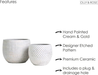 Olly & Rose Ceramic Cream Gold Plant Pot Set 2-6.8" and 5.5" Indoor Planters Cement Outdoor Flower Pots