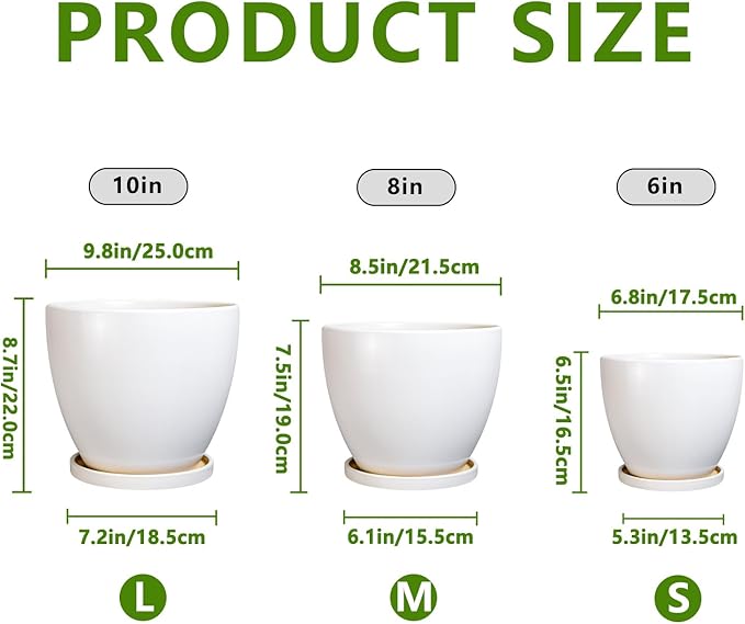 Ceramic Pots for Plants - 10+8+6 Inch Round Modern Planters for Indoor Outdoor Plants, Flower Pots with Drainage Holes and Saucers, Room Patio Decor, Gifts for Plant Lovers, Set of 3, White