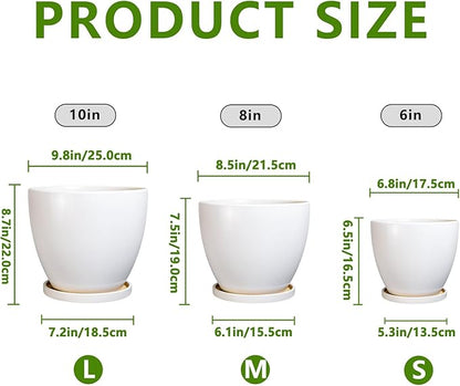 Ceramic Pots for Plants - 10+8+6 Inch Round Modern Planters for Indoor Outdoor Plants, Flower Pots with Drainage Holes and Saucers, Room Patio Decor, Gifts for Plant Lovers, Set of 3, White