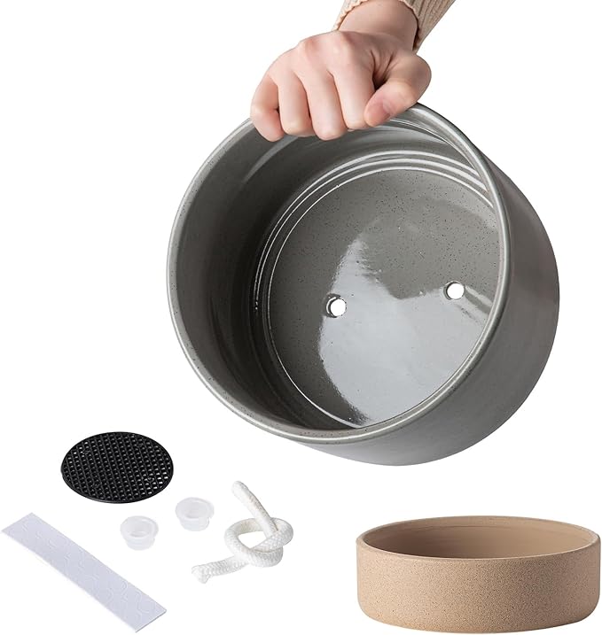 Self Watering Ceramic Planter: 8 Inch Plant Pot with Drainage Hole & Water Storage Plus for Outdoor & Indoor Plants, Succulents, Herbs - Flower Pot for Home or Office Decor - Dark Grey