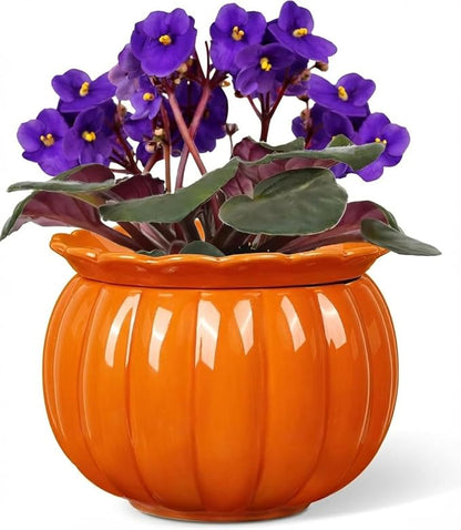 African Violet Pots, Self-Watering Ceramic Planter – 6 Inch Pot for Indoor Plants, Simple Self-Watering Design for Home & Office Décor, Bright Pumpkin Orange
