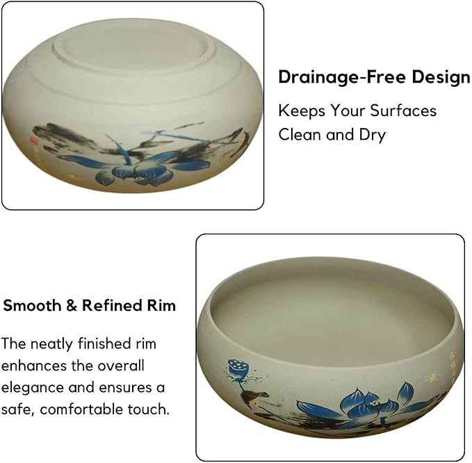 Ceramic Lotus Bowl Planter, Lotus Pots for Water Plants Indoor, Large Caliber Flow Glaze Non-Porous Hydroponic Container, Succulent Pots, Blue Lotus Leaf(6.5in*2.17in)