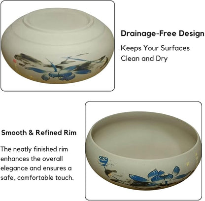 Ceramic Lotus Bowl Planter, Lotus Pots for Water Plants Indoor, Large Caliber Flow Glaze Non-Porous Hydroponic Container, Succulent Pots, Blue Lotus Leaf(6.5in*2.17in)