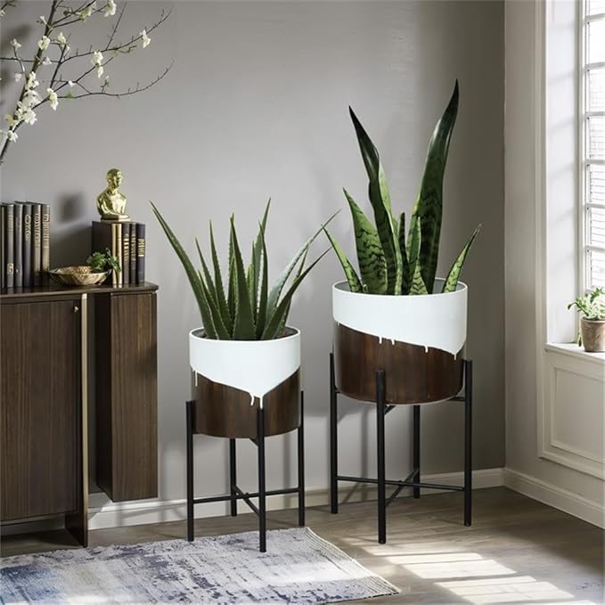 LuxenHome Modern Planter Pots, Set of 2 Planters for Indoor Plants, White and Brown Large Planters with Black Metal Stand, Flower Pots for Living Room, Office, Garden or Balcony, 10.25 & 12.5 Inch