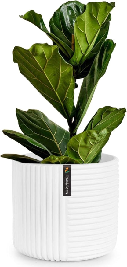 Fox & Fern Large 12 Inch Planter with Drainage Plug — Premium Polystone White Plant Pot - Modern Planter with 3D Texture and Ceramic Finish - 12 Inch Pots for Plants Indoor & Outdoor