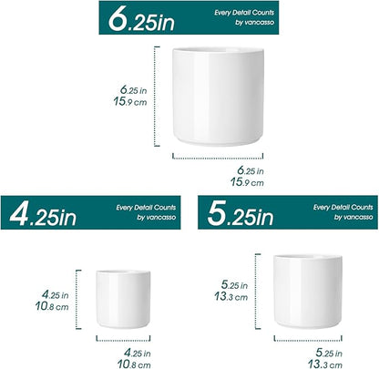 vancasso Ceramic Plant Pots, 4.25+5.25+6.25 Inch Planter Pot with Drainage Hole, Flower Pots for Indoor Outdoor Plants, Set of 3, White