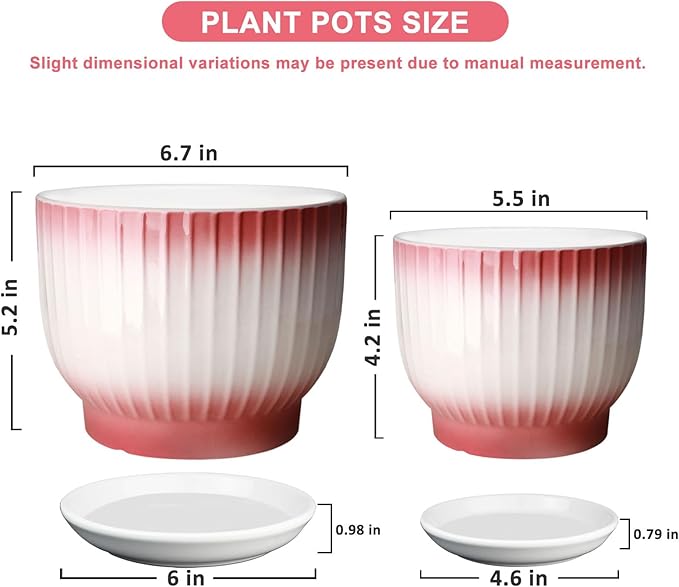 6.7 + 5.5 Inch Ceramic Plant Pots,Set of 2,Planters with Drainage Hole and Saucer,Flower pots for Indoor Plants,Elegant Design(Pink + White,