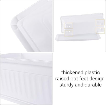 GREANER Plastic Flower Boxes Rectangle, 6 Pack Large Long Planter 16.9x7.48Inch Modern Thicken Vegetable Plant Pot with Tray for Garden, Kitchen, Houses, Offices, Balcony, Outdoor Indoor Use - White