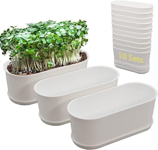 10-Pack White Herb Planter Box with Drip Trays, 8.5 Inch Small Oval Window Planters for Kitchen Sill, Indoor Outdoor, Perfect for Basil, Mint, Succulents, Flowers