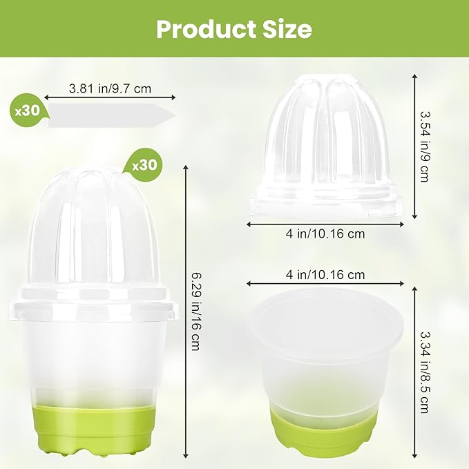 Sckee Clear Nursery Pots for Plants with Lid,30 Packs 4 inch Plastic Seed Starting Pots with Drainage Holes Plant Nursery Pots Silicone Base
