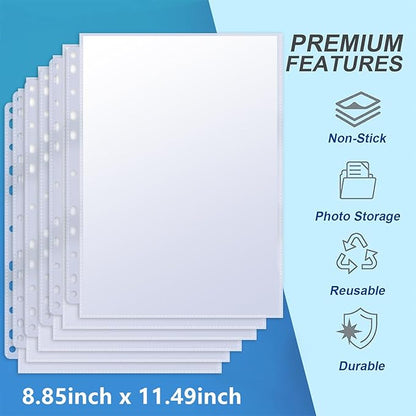 100 Pack 8x10 Photo Sleeves for 3 Ring Binder - Holds 200 Photos, Archival Safe, Acid-Free, Clear Plastic Page Protectors for Photo Albums, Postcards, Pictures