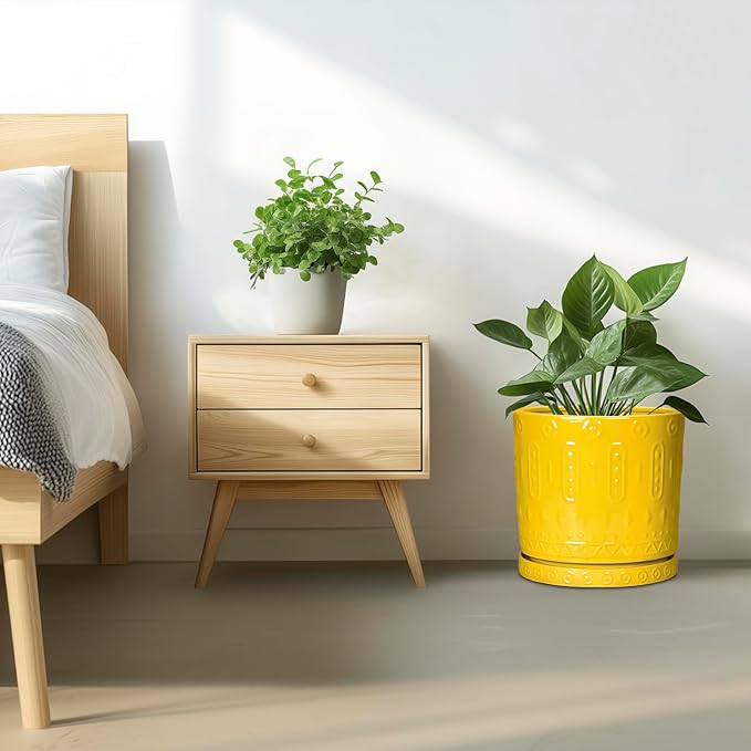 Ceramic Flower Pots, 12 Inch Plant Pot with Drainage Holes and Saucers, Round Pots for Plants for Indoor Outdoor, Boho Decorative Planter, Garden House Decor, Gifts for Women, Yellow