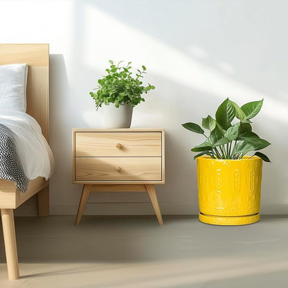 Ceramic Flower Pots, 12 Inch Plant Pot with Drainage Holes and Saucers, Round Pots for Plants for Indoor Outdoor, Boho Decorative Planter, Garden House Decor, Gifts for Women, Yellow