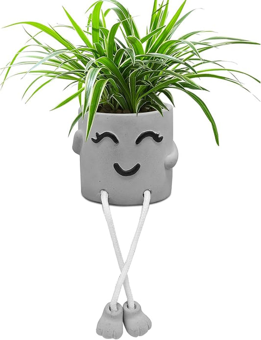 Uguisu 1 Piece Gray Cute Smiley Cement Planter, Small Plant Pot, Indoor Succulent Pot, Fun Planter with Hanging Feet for Living Room, Office, Desk and Bathroom Shelf Decor (Plants Not Included).