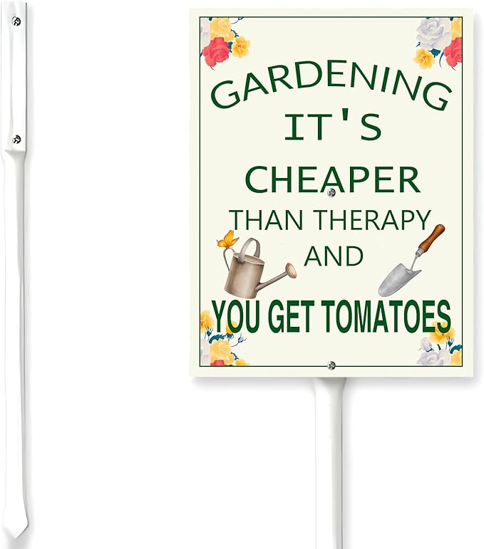Garden Sign With Stake Gardening It's Cheaper Than Therapy Aluminium Sign 6X4.6Inch Wildflower Sign Garden Decor Fence Yard Outdoor Gifts For Women Plant Lover And 11.6" Stake Kit