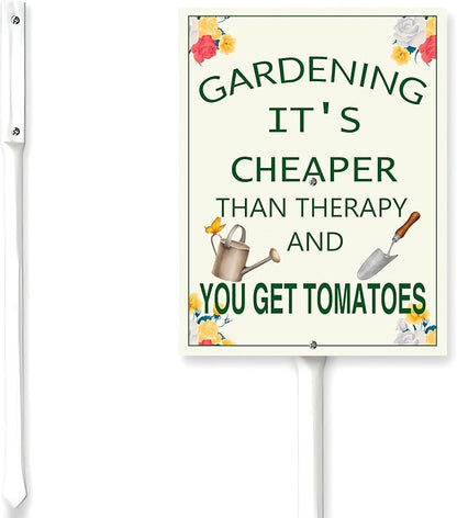 Garden Sign With Stake Gardening It's Cheaper Than Therapy Aluminium Sign 6X4.6Inch Wildflower Sign Garden Decor Fence Yard Outdoor Gifts For Women Plant Lover And 11.6" Stake Kit