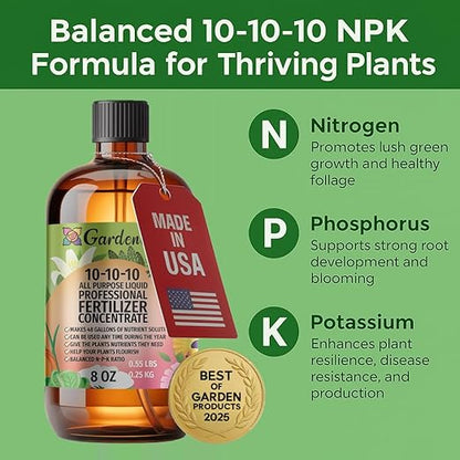 Gardenera Premium 10-10-10 All Purpose Liquid Plant Food - Professional Grade Garden Fertilizer Concentrate for Lawns, Trees, Plants, Vegetables, Fruits & Flowers - Makes 48 Gallons - (8 OZ)
