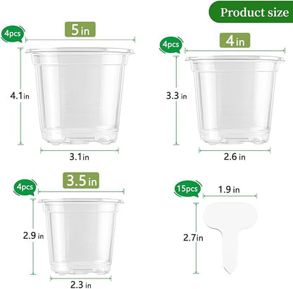 SupKing Clear Nursery Pots 5/4/3.5 Inch Plastic Seed Starter Plant Flower Pot with Drainage Holes for Transplanting Succulents Cuttings Seedlings 15 Labels (12Pcs)