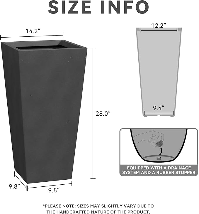 Kante 28" H Concrete Tall Tapered Planter, Large Outdoor Indoor Garden Plant Pot with Drainage Hole and Rubber Plug Home and Patio, Burnished Black Finish