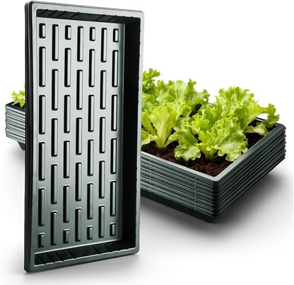 10 Pack Heavy Duty 1020 Trays No Holes - 1.6 Inch Deep Shallow Nursery Flats, Reusable Seed Starter Trays for 72/128 Cell Inserts, Microgreens, Seedling and Hydroponics (Dark Green)