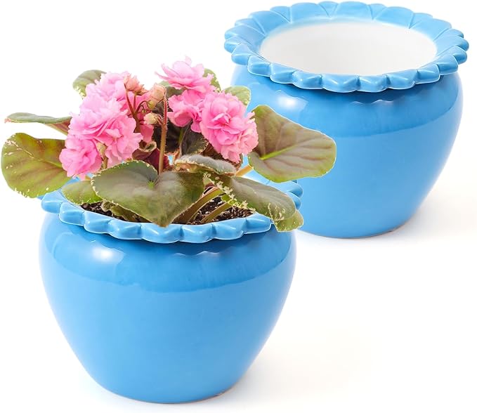 2pcs African Violet Pots, 6.5 Inch Blue Ceramic Easy Plant Self Watering Pot Ceramic Pot High Absorption Orchid Planter for Plant Enthusiasts