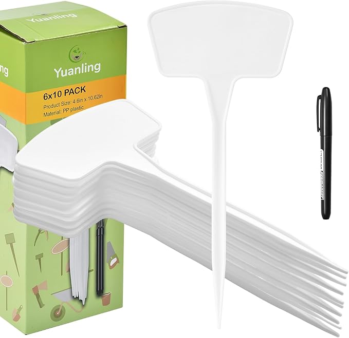 Plant Labels 60 Pcs Yuanling Plant Markers Large Plastic Plant Tags T-Type Waterproof Garden Labels for Outdoor Indoor Potted Plants Flowers Seeds Herbs Belt Garden Marker Pen (White)