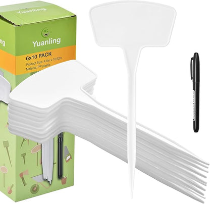 Plant Labels 60 Pcs Yuanling Plant Markers Large Plastic Plant Tags T-Type Waterproof Garden Labels for Outdoor Indoor Potted Plants Flowers Seeds Herbs Belt Garden Marker Pen (White)